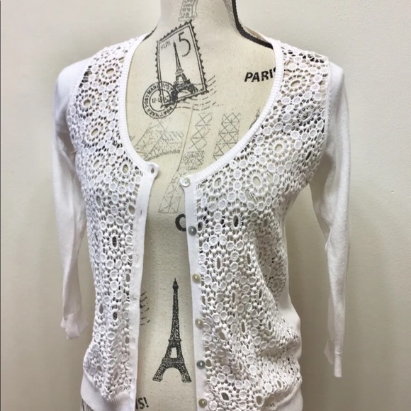 Zara Knit Button Down Lace Cardigan White Small - Picture 2 of 12